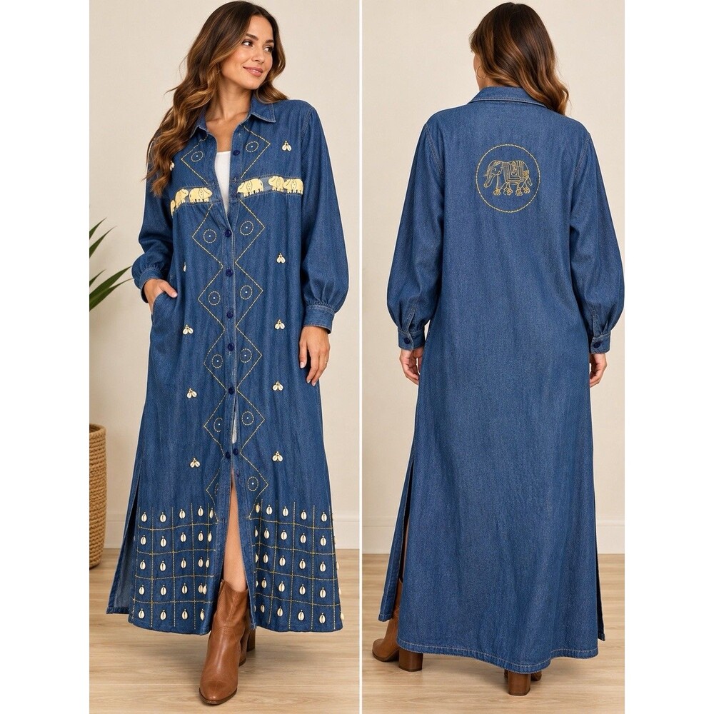 Laffaire Women’s One Size Denim Maxi Dress Cowrie Shell Elephant Embroidered Boh